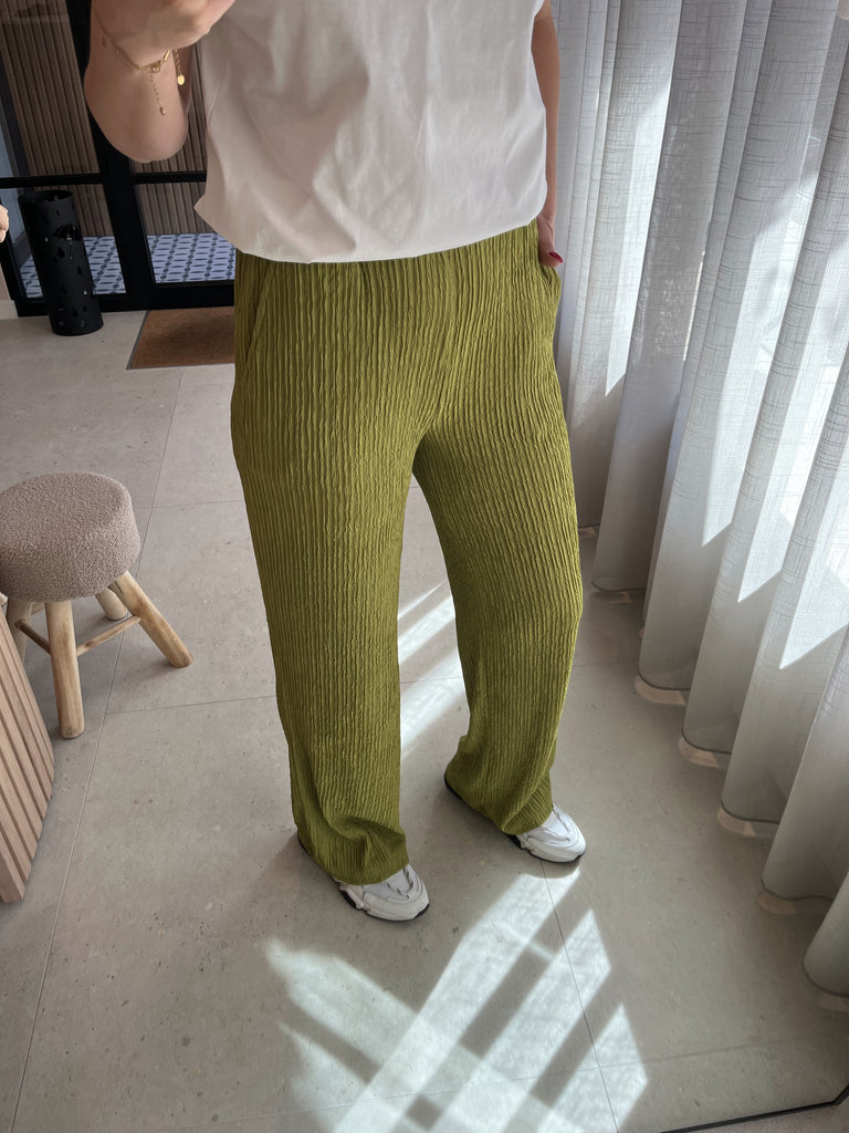 lofty manner trouser mea green losvallende comfortabele broek elastische tailleband hoge taille groen
