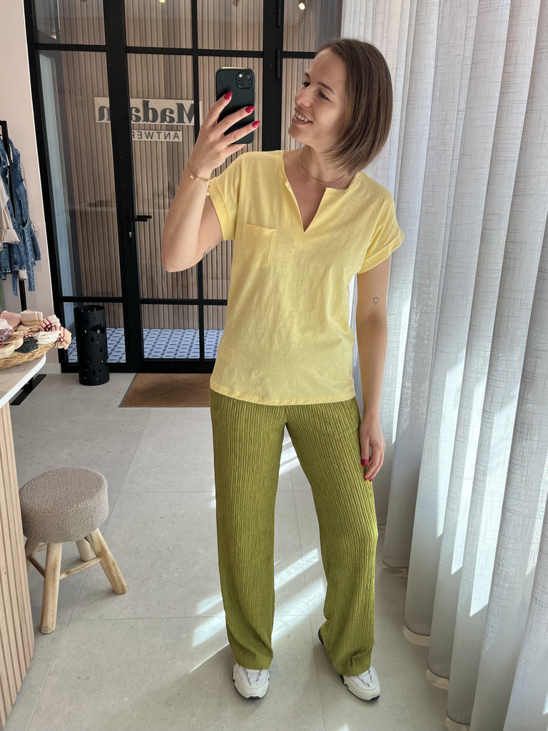 lofty manner trouser mea green losvallende comfortabele broek elastische tailleband hoge taille groen
