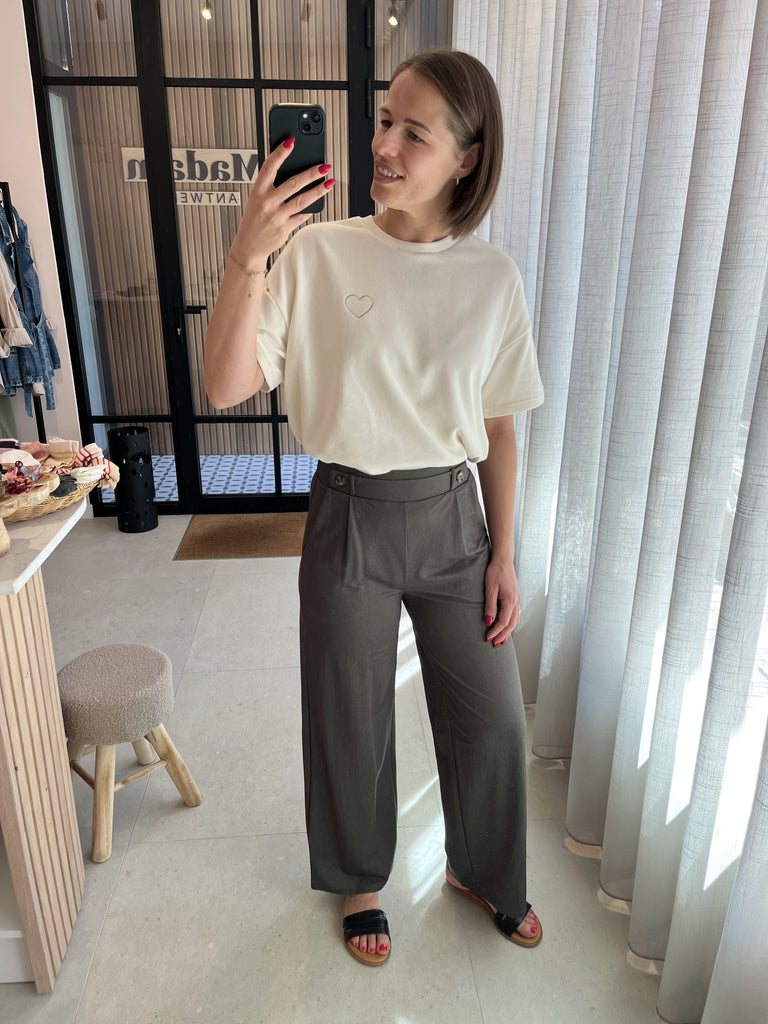 JDYbirdie geggo long pant jrs noos kambaba melange losvallende broek sierknopen soepele lichte stof zomerbroek kaki