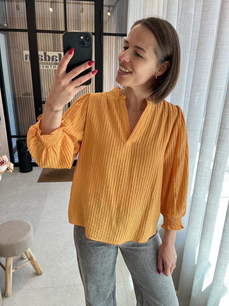 PZisabelle blouse golden nugget pulz jeans losvallende blouse v-hals 3/4e mouwen oranje goud