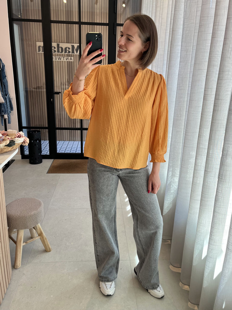 PZisabelle blouse golden nugget pulz jeans losvallende blouse v-hals 3/4e mouwen oranje goud
