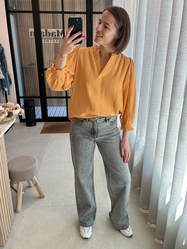 PZisabelle blouse golden nugget pulz jeans losvallende blouse v-hals 3/4e mouwen oranje goud
