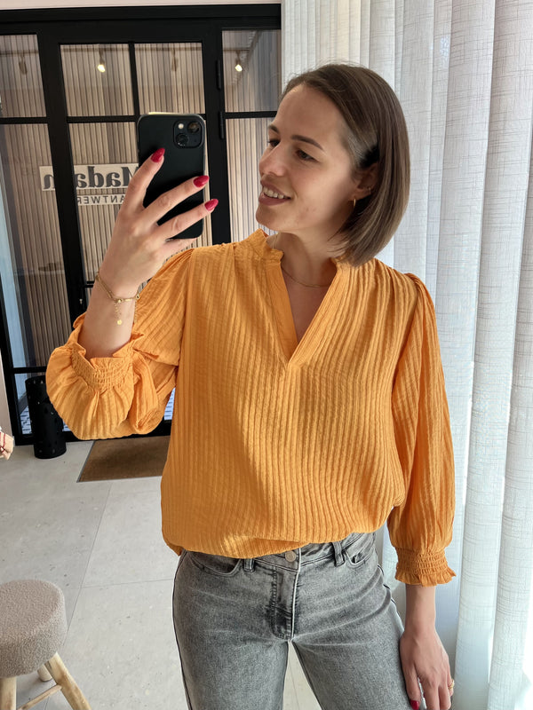 PZisabelle blouse golden nugget pulz jeans losvallende blouse v-hals 3/4e mouwen oranje goud