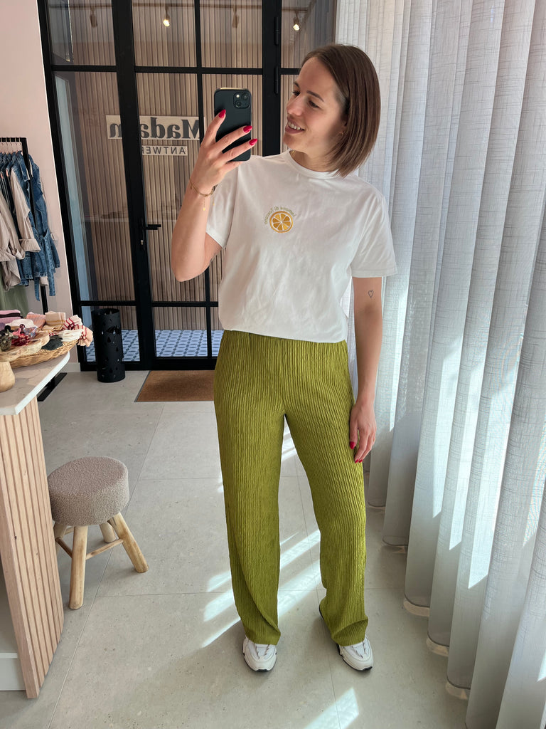 Lofty Manner t-shirt Elin white ronde hals korte mouwen wit groen geel 