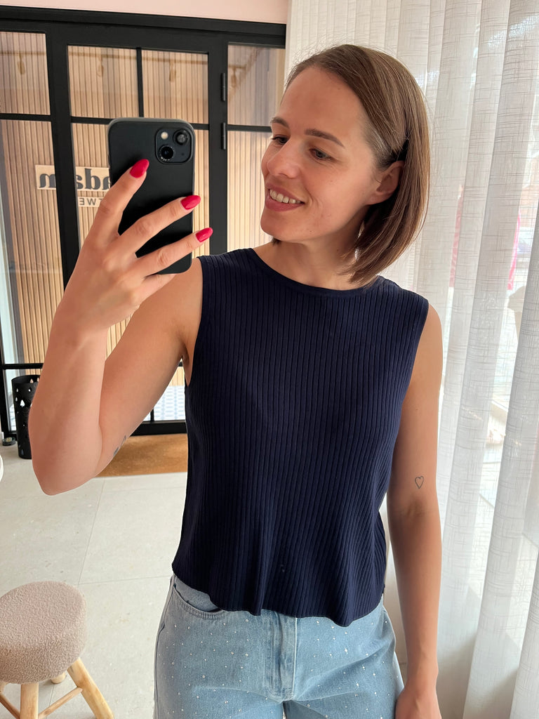 JDY alexandra s/l reversible tie top knt navy blazer top strikjes donkerblauw