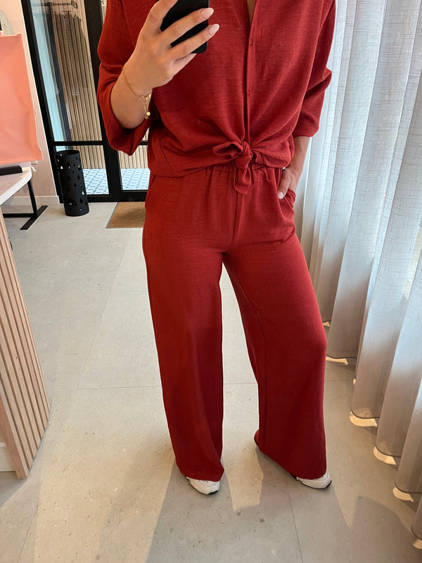 ydence pants marielle stone red losvallende broek wijde pijpen elastische tailleband steenrood brique