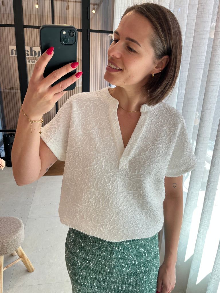 PZroset ss blouse cloud dancer pulz jeans top korte mouwen v-hals wit 