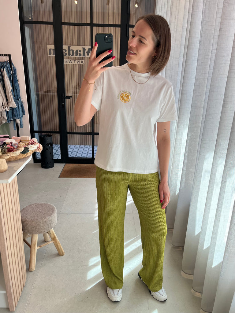 Lofty Manner t-shirt Elin white ronde hals korte mouwen wit groen geel 