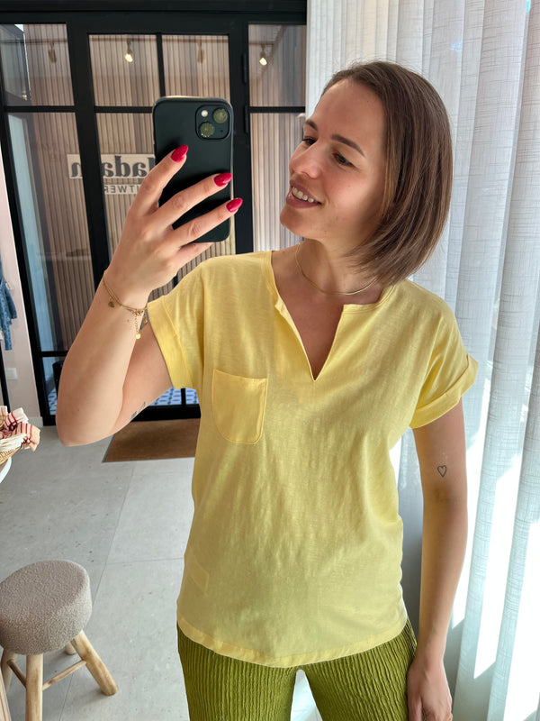 fqviva tee popcorn yellow freequent t-shirt korte mouwen ronde hals v-hals geel
