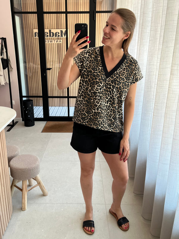 fqkassy pullover burro w black freequent top t-shirt korte mouwen v-hals leopard