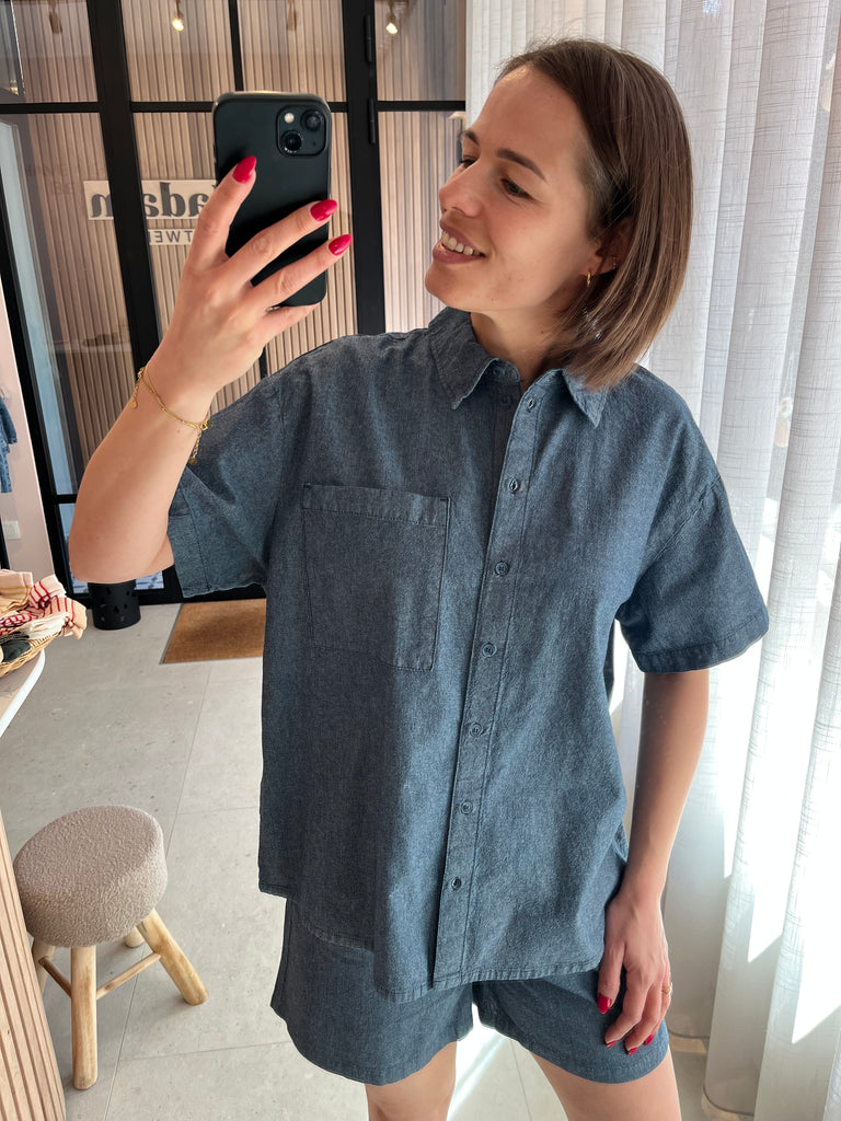 PCMIA SS DENIM SHIRT MM WVN medium blue denim pieces jeans top denim blouse jeanshemd set donkerblauw