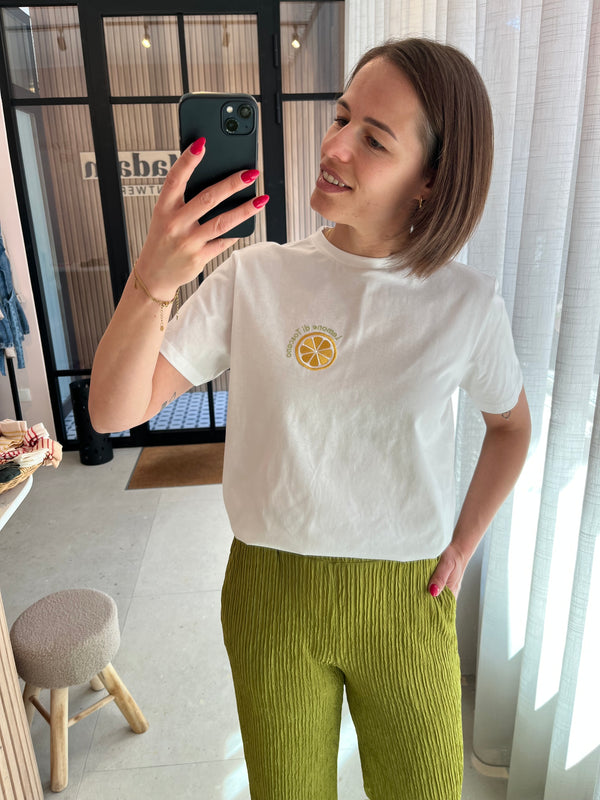 Lofty Manner t-shirt Elin white ronde hals korte mouwen wit groen geel 