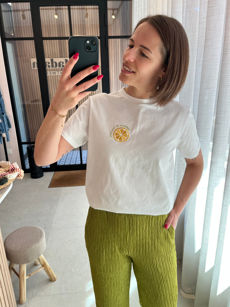 Lofty Manner t-shirt Elin white ronde hals korte mouwen wit groen geel 