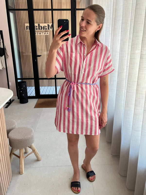 IHlolia dress ichi Bright Rose/White Strip pink losvallende halflange jurk roze witte gestreept taillelint