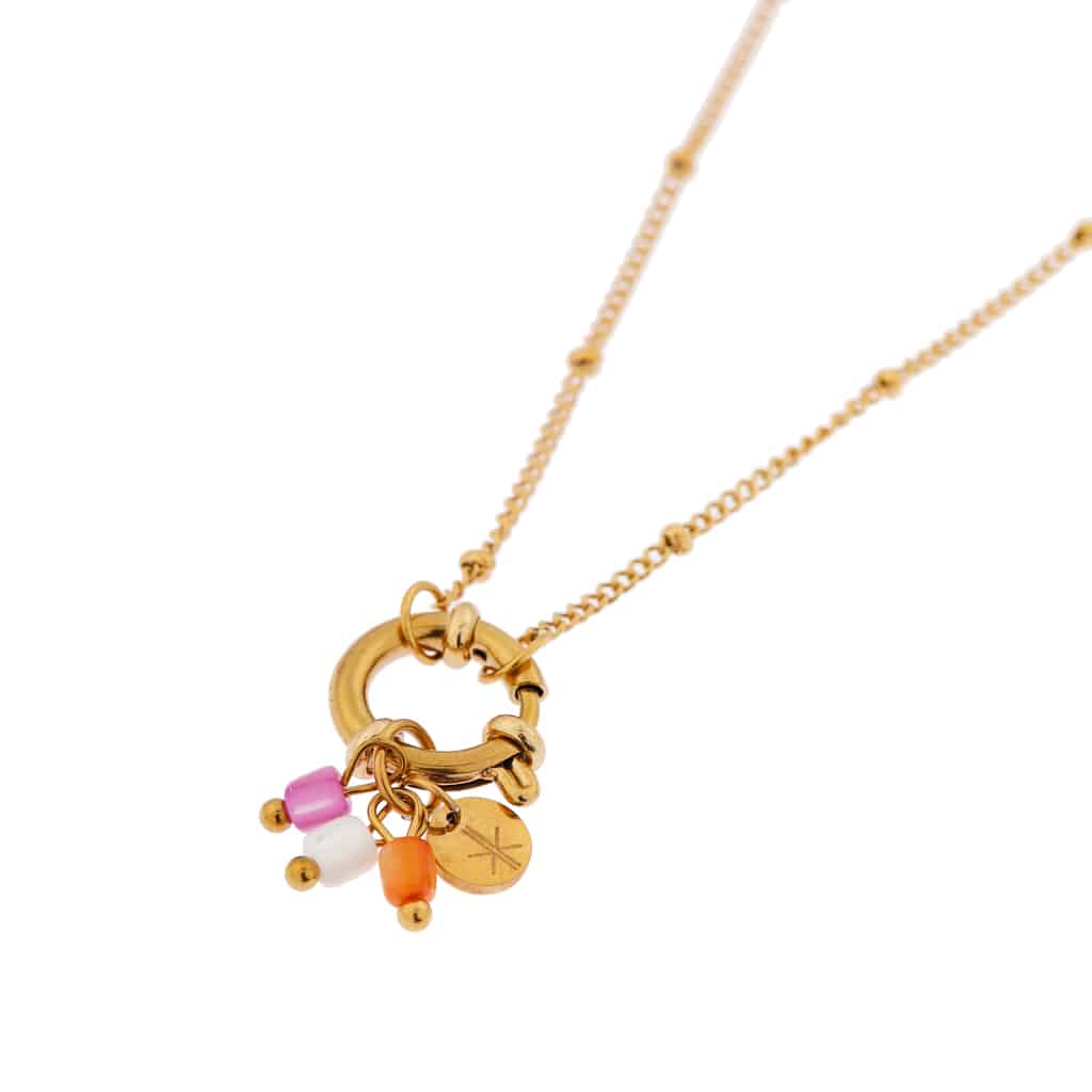 Label Kiki blossom long necklace gold necklace halsketting goud hangers paars wit oranje