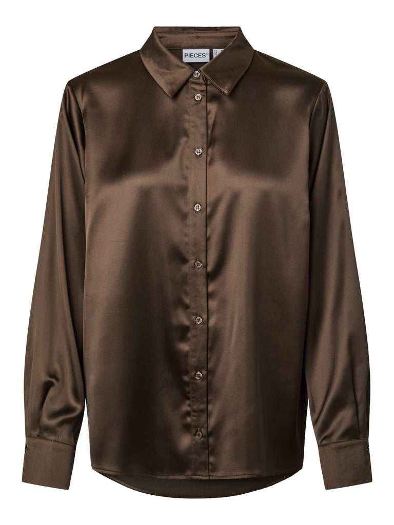 PCEVY LS SHIRT WVN BC wren blouse pieces satijn bruin