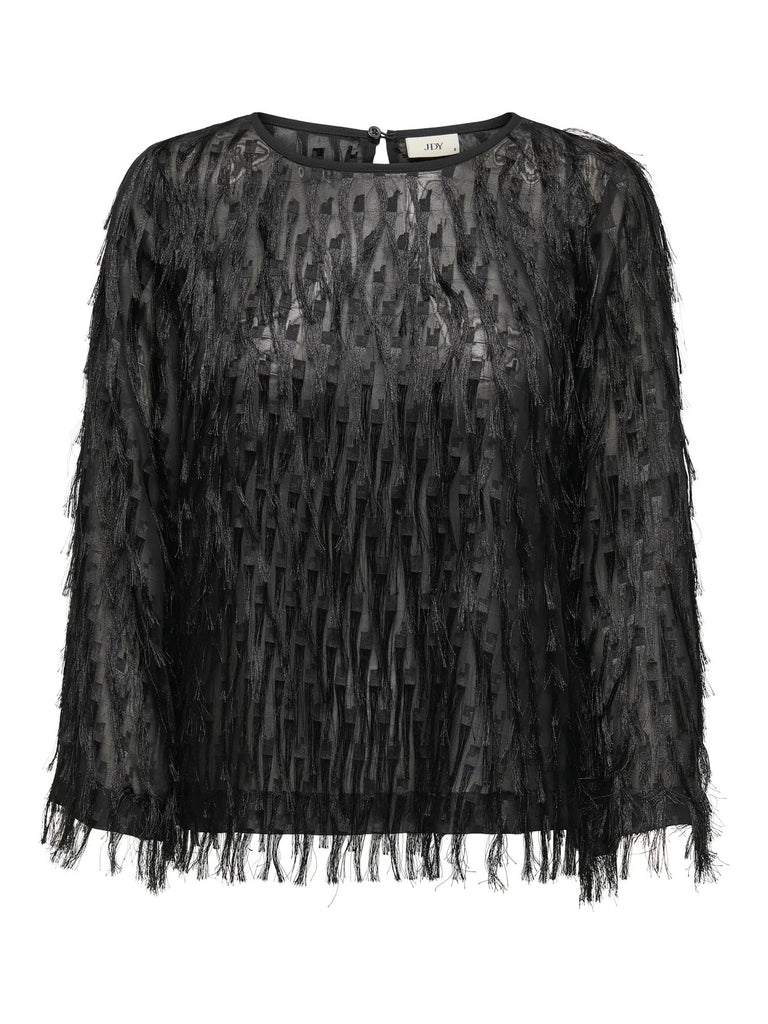 JDYFLEUR L/S O-NECK TOP WVN black top blouse zwart franjes