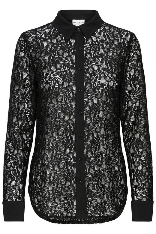 PZJASMINE SHIRT black pulz jeans doorzichtige blouse kant zwart