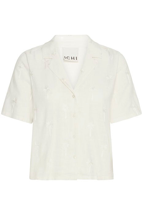 IHpalmie sh cloud dancer ichi blouse korte mouwen knoopjes v-hals wit palmbomen print