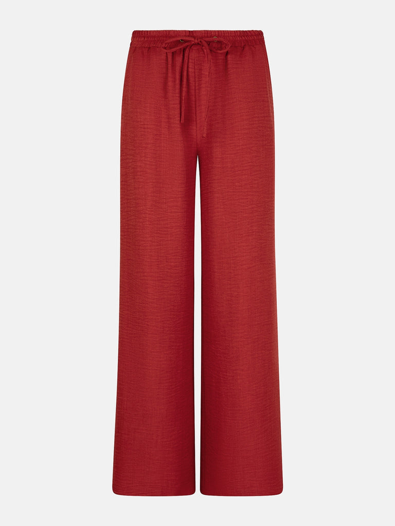 ydence pants marielle stone red losvallende broek wijde pijpen elastische tailleband steenrood brique