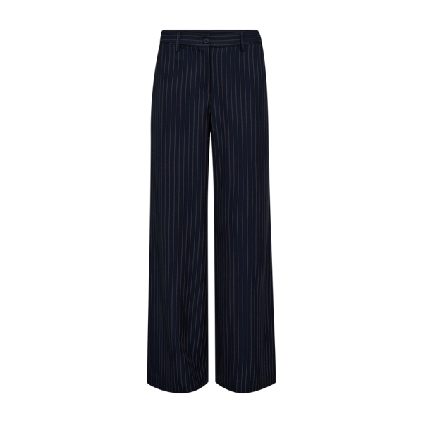 fqmynte pants salute with star off white freequent losvallende broek wijde pijpen donkerblauw witte krijtstreep gestreept