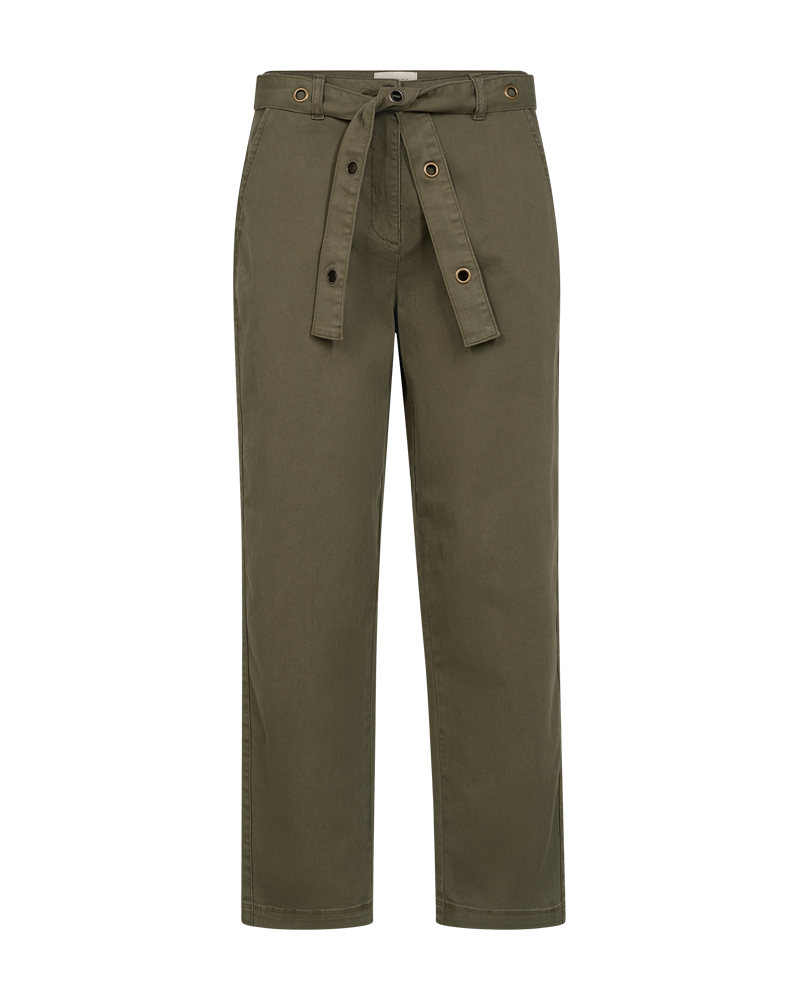 FQpachino pants deep lichen green losvallende broek chino enkellengte kaki freequent afneembare riem