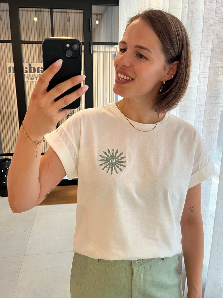 Lofty Manner T-shirt Lilou off white korte mouwen ronde hals wit groen
