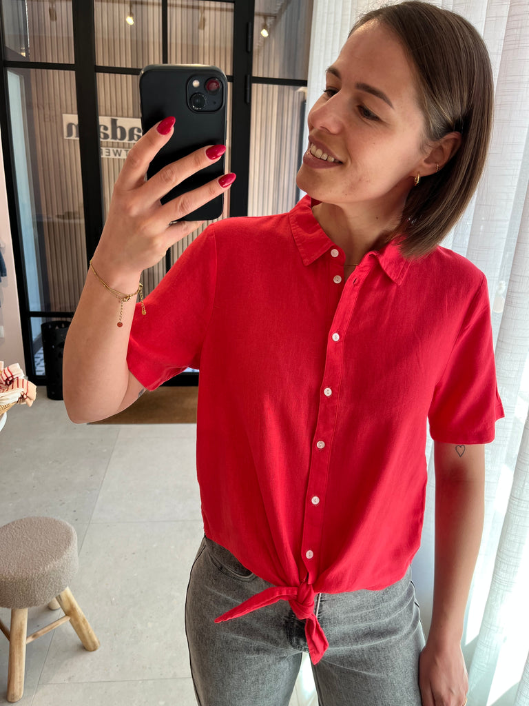 IHlinno sh2 top korte mouwen knoopje linnen framboos roze rood ichi