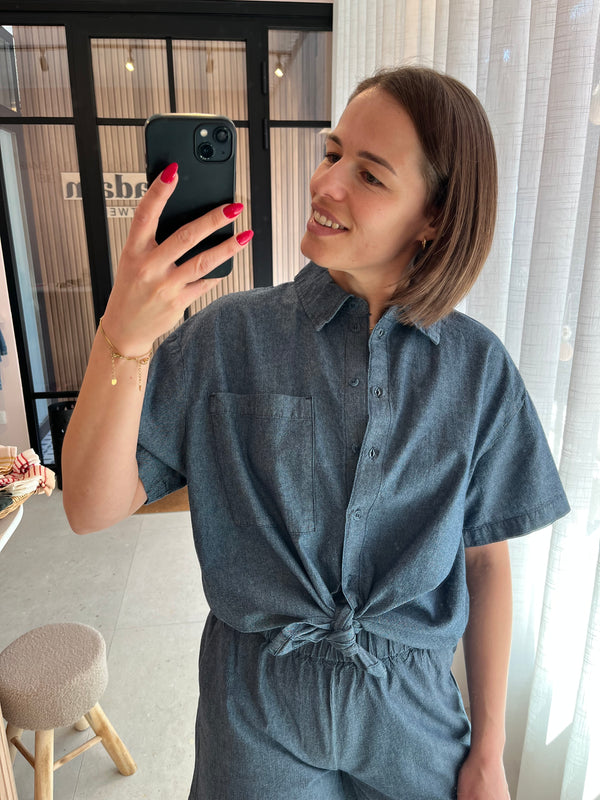 PCMIA SS DENIM SHIRT MM WVN medium blue denim pieces jeans top denim blouse jeanshemd set donkerblauw