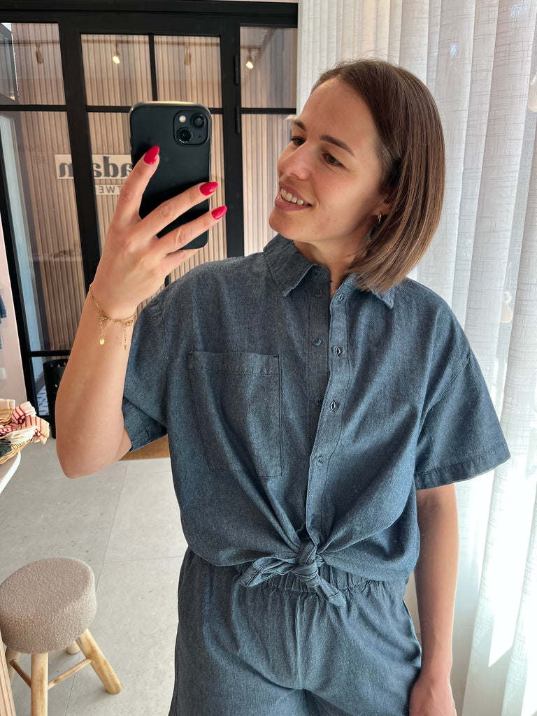 PCMIA SS DENIM SHIRT MM WVN medium blue denim pieces jeans top denim blouse jeanshemd set donkerblauw