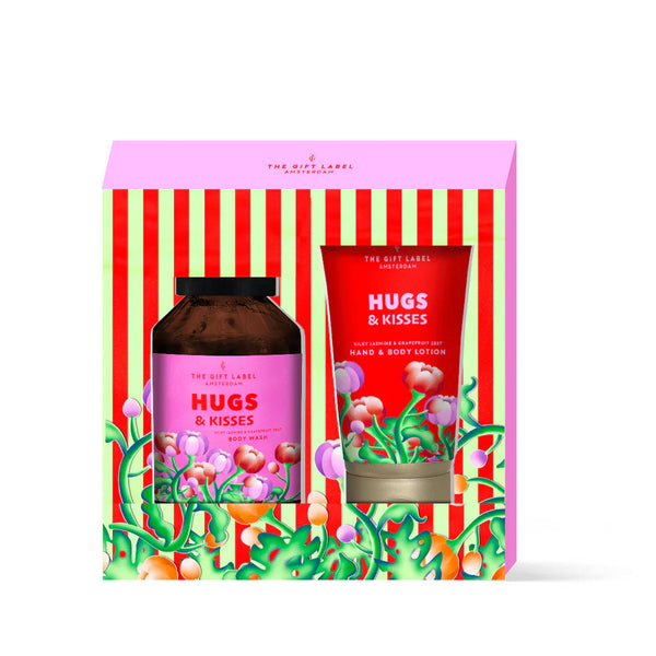 the gift label giftbox sweet surprise hugs and kisses body wash hand and body lotion cadeaupakket voor haar douchegel en bodylotion
