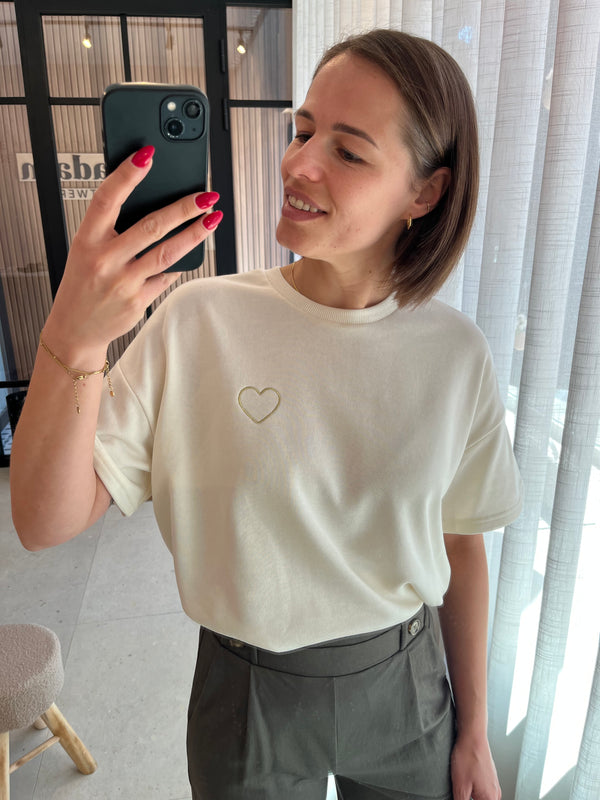 PCchilli summer 2/4 loose sweat emb fc white pepper gold lurex pieces losvallende oversized top korte mouwen hartje zachtgeel goud