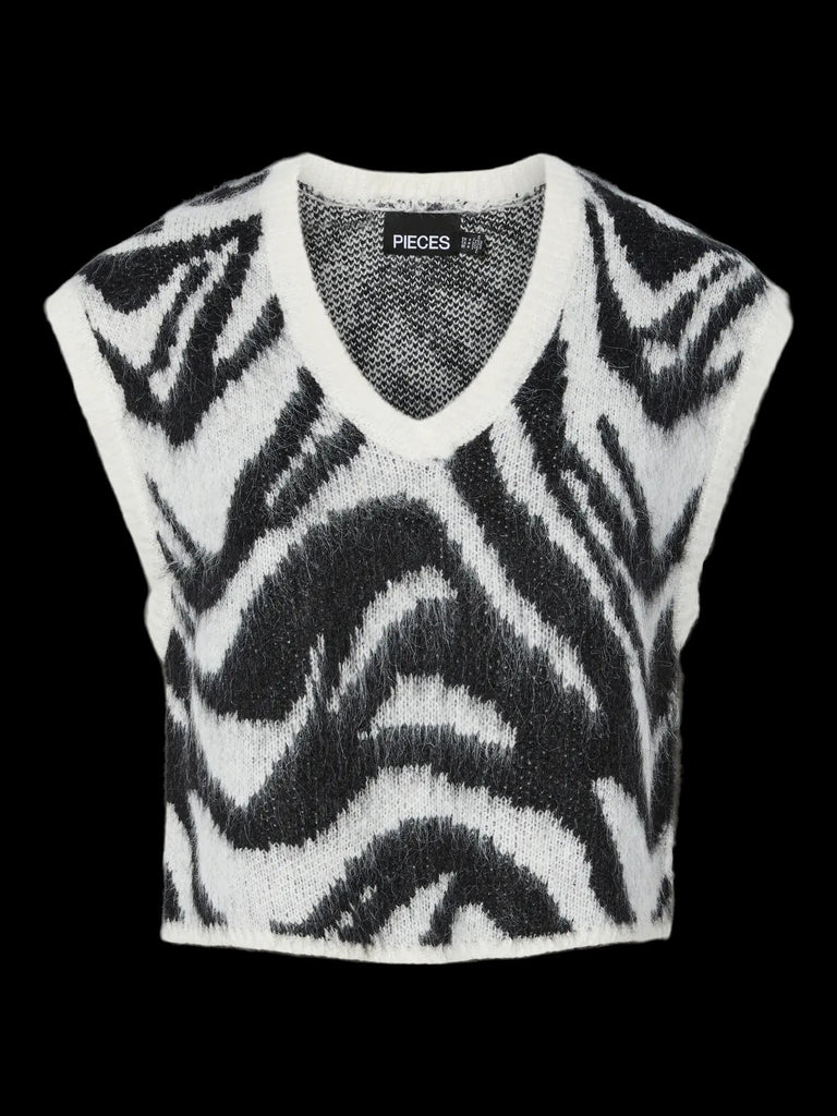 PCMYNTHE SL V-NECK KNIT VEST BC cloud dancer black zebra pieces zwart beige wit debardeur zebraprint v-hals