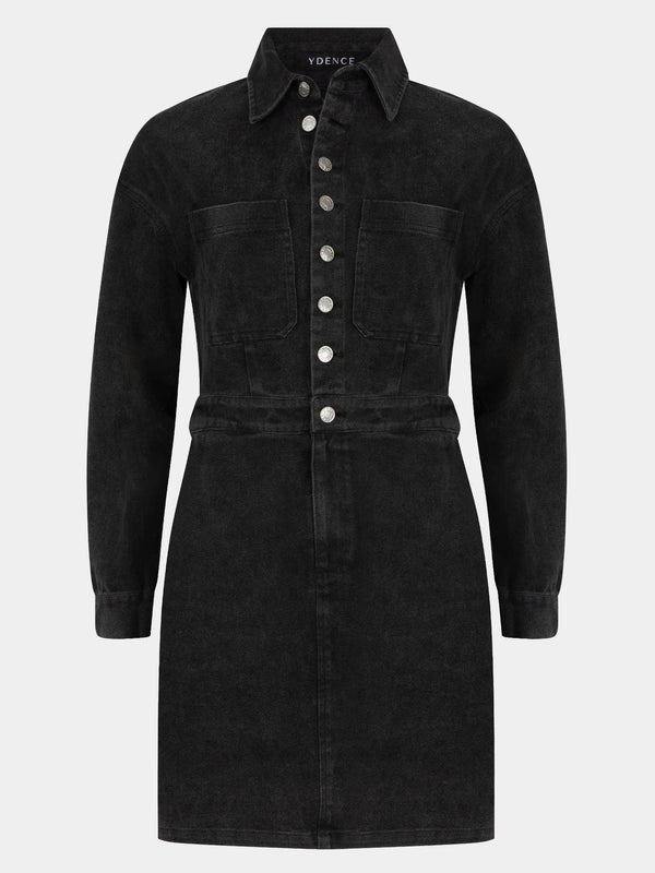 Dress Emma black Ydence jurk denim jeans zwart grijs knopen rits lange mouwen gecentreerd