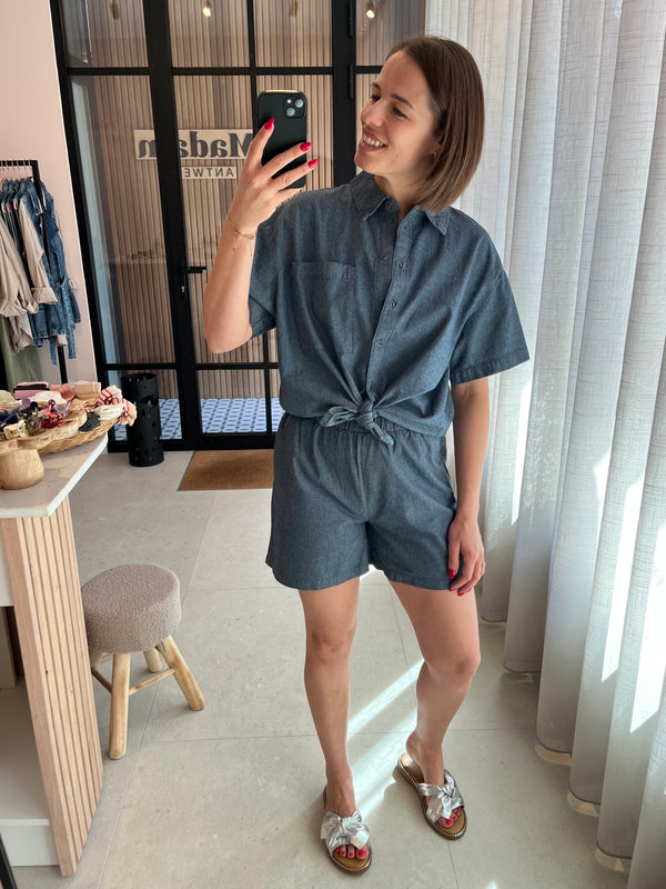 PCMIA SS DENIM SHIRT MM WVN medium blue denim pieces jeans top denim blouse jeanshemd set donkerblauw