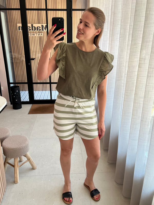 IHocie top sho2 short hoge taille elastische tailleband wit munt gestreept joggingstof set tea stripe studio ichi