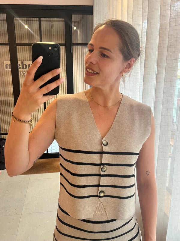 FQani waistcoat SIMPLY TAUPE MEL. W. BLACK freequent top debardeur v-hals knopen bruin beige zwart gestreept