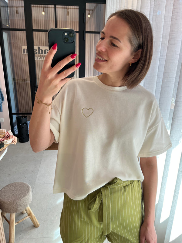 PCchilli summer 2/4 loose sweat emb fc white pepper gold lurex pieces losvallende oversized top korte mouwen hartje zachtgeel goud