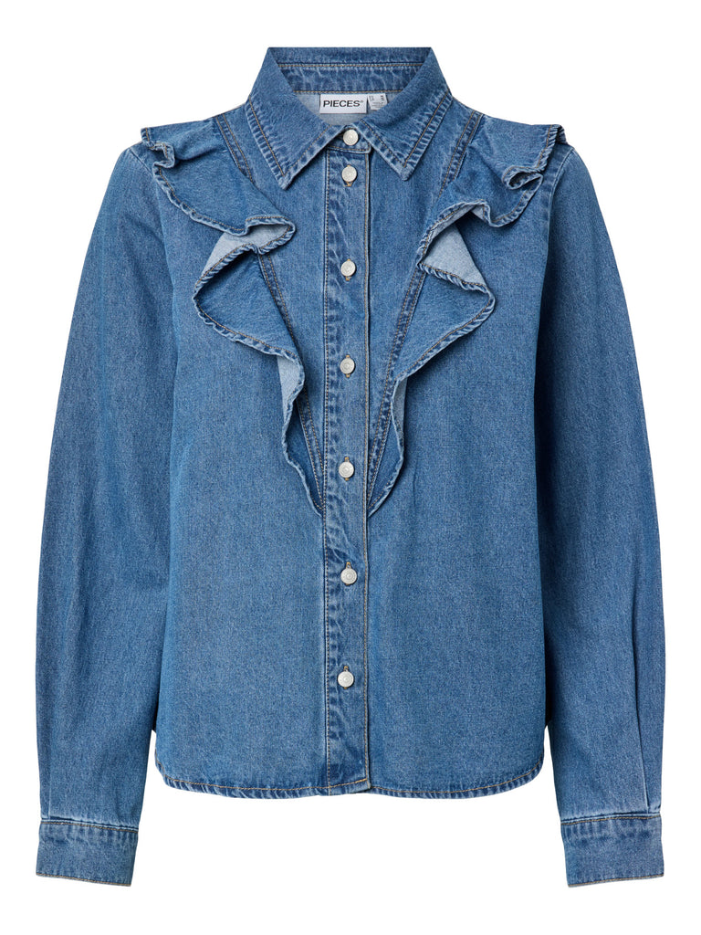 PCEVA LS RUFFLE SHIRT DNM jeanshemd pieces blauw denim