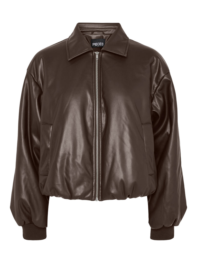 PCLARA PADDED COATED BOMBER JACKET WB BC hot fudge jas faux leather PU donkerbruin