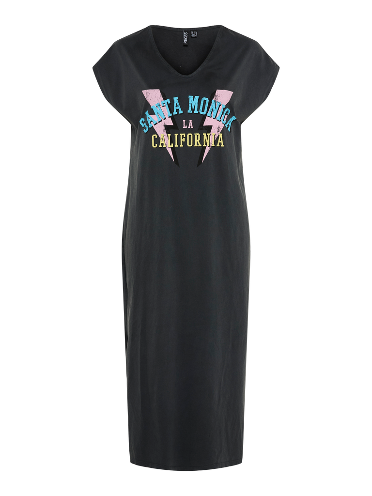 PCANN SS LONG DRESS FC BC black washed santa monica pieces lange jurk stoer korte mouwen v-hals print california splitjes