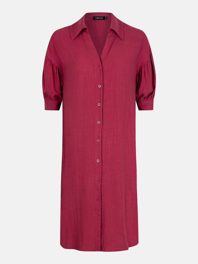Ydence dress sienna wine red halflange jurk wijnrood pofmouwen v-hals