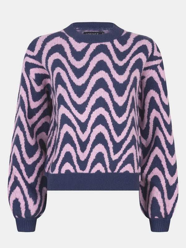 Ydence knitted sweater blaise navy soft pink zachte trui lange pofmouwen ronde hals blauw roze print