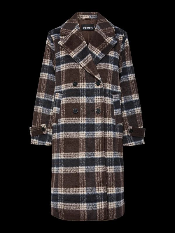 PCMARBLE CHECK JACKET pieces mantel bruin blauw beige hot fudge