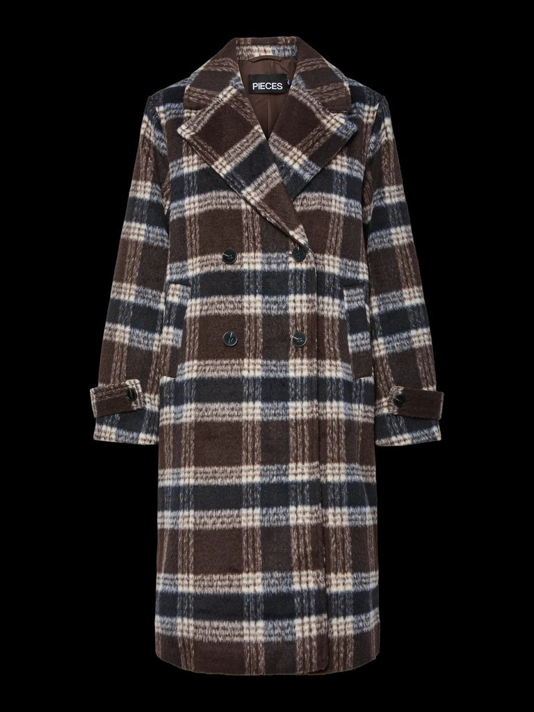 PCMARBLE CHECK JACKET pieces mantel bruin blauw beige hot fudge