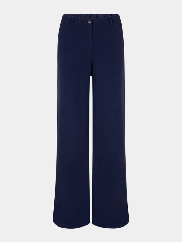 Ydence pants solange navy geklede elegante broek wijde rechte pijpen elastische tailleband donkerblauw