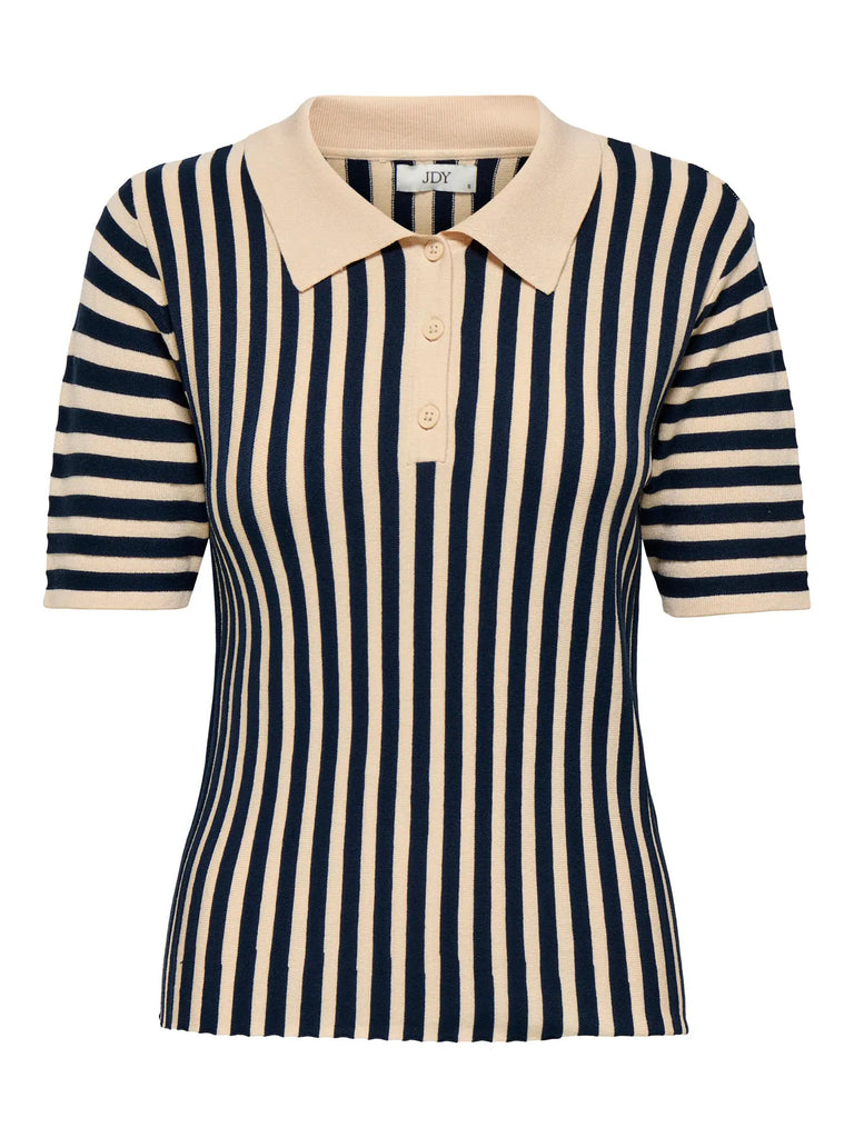 JDYNOLA 2/4 COLLAR PULLOVER KNT Tapioca CABERNET polo blauw beige gestreept