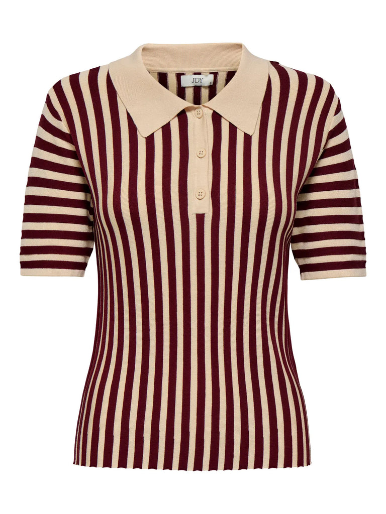 JDYNOLA 2/4 COLLAR PULLOVER KNT Tapioca CABERNET polo blauw beige gestreept bordeaux