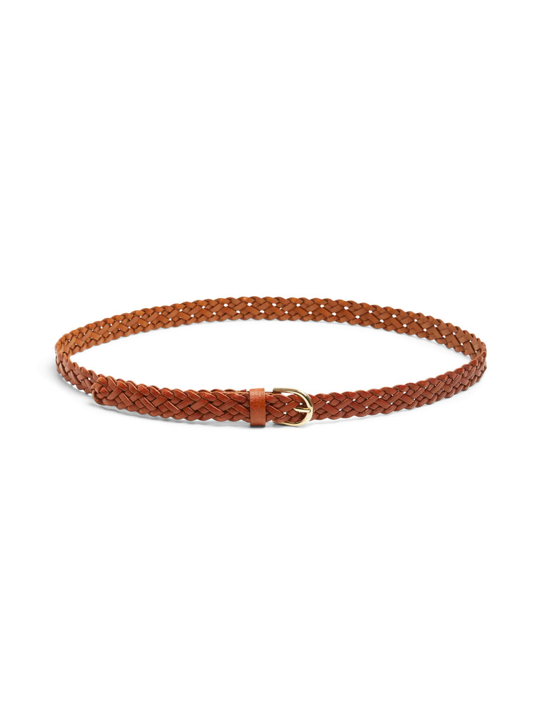 PCAVERY LEATHER BRAIDED SLIM BELT NOOS cognac pieces riem leder bruin goud