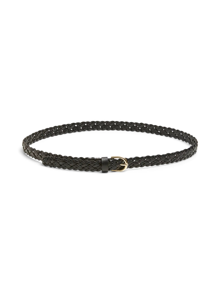 PCAVERY LEATHER BRAIDED SLIM BELT NOOS black pieces riem leder zwart goud